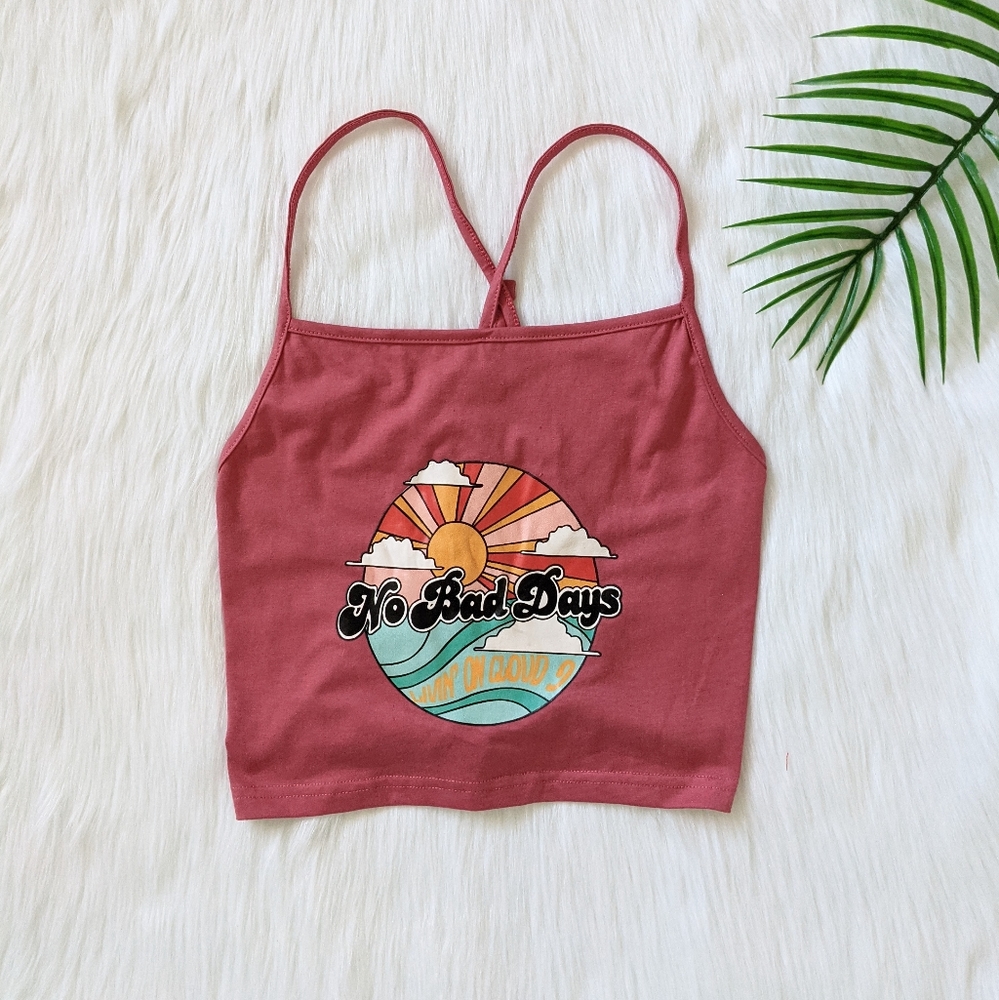 No Bad Days mauve tie back graphic crop tank